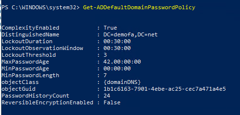 PowerShell commando Get-ADDefauktDomainPasswordPolicy