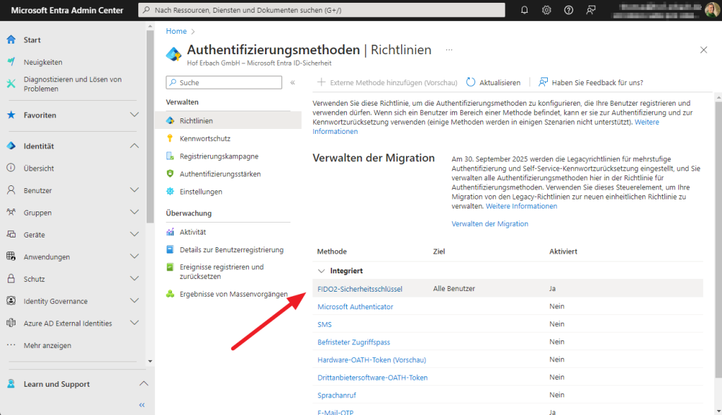 Passkeys für Entra ID im Entra Admin Center aktivieren