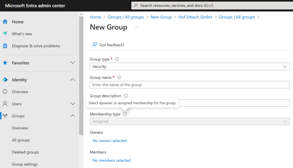 Group management in Entra ID: Create new group Group management in Entra ID: Create new group