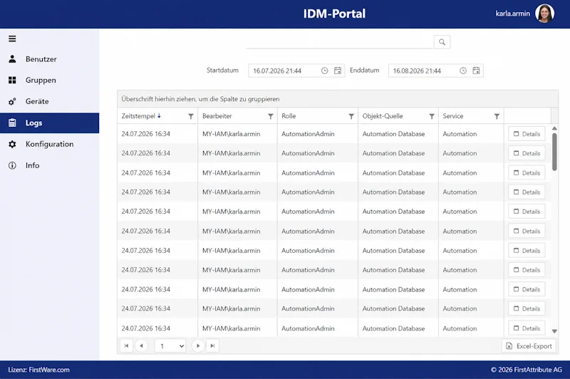 Audit-proof log in the Profile Management log of FirstWare IDM-Portal for traceable self-management