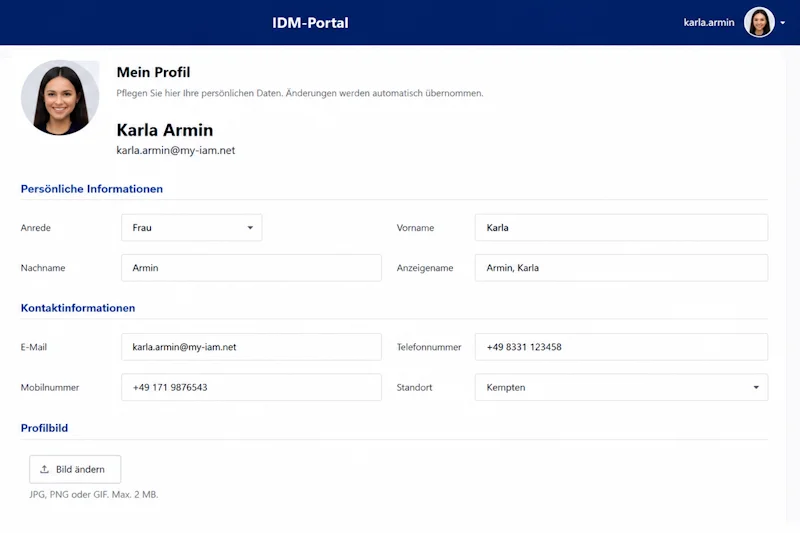 Profile Management in FirstWare IDM-Portal: employees maintain master data such as phone number and address themselves in real time