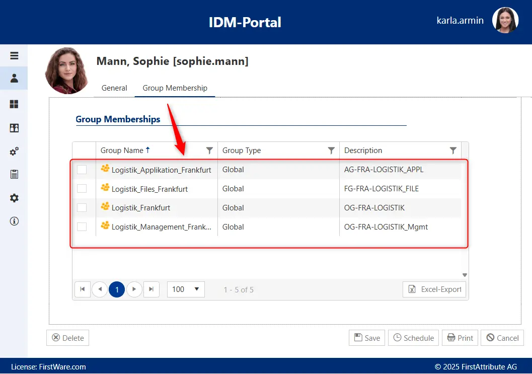 Automatic group memberships in the FirstWare IDM-Portal Automated permissions management in the FirstWare IDM-Portal