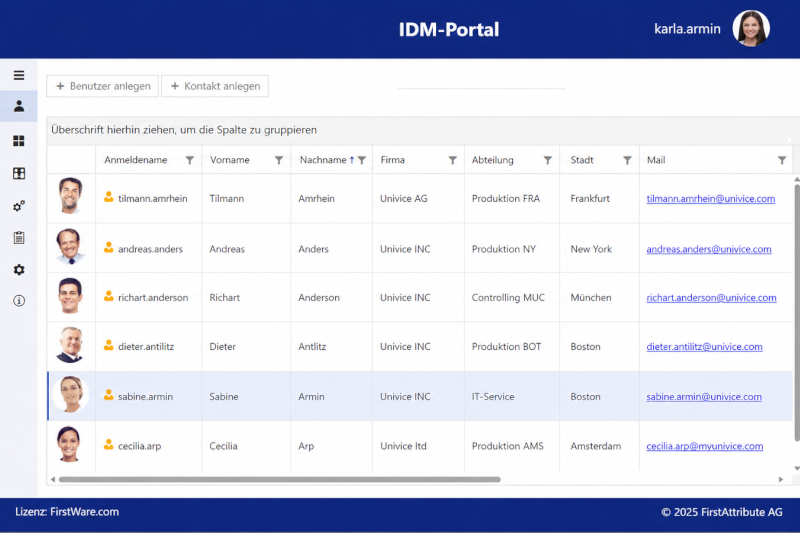 Übersicht alle Identitäten im FirstWare IDM-Portal